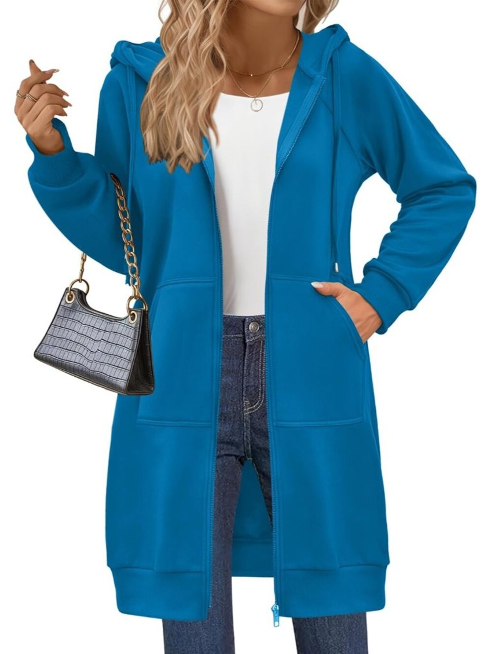 Women's Blue Oversized Fleece Hoodie Long Tunic Full Zip Drawstring Pockets
